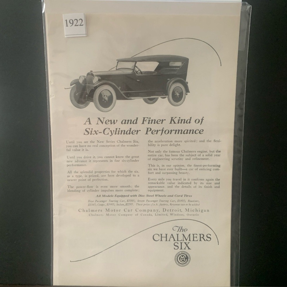 Vintage 1922 Chalmers Six New and Finer Kind OF Six Cylinder Ad Advertisement